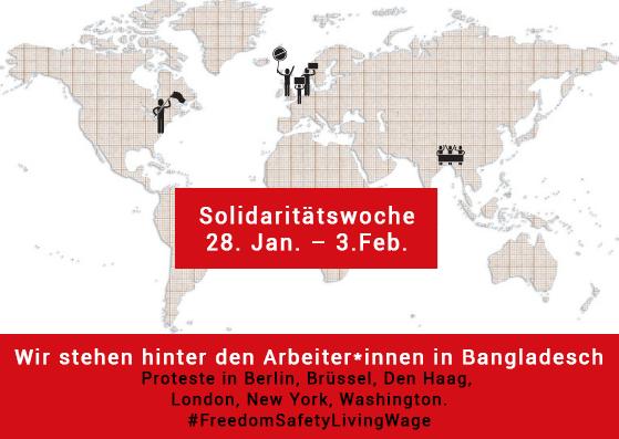 Weltkarte SoliWoche Proteste Solidaritätswoche mit Arbeiter*innen in Bangladesch Kampagne für Saubere Kleidung | Clean Clothes Campaign Germany