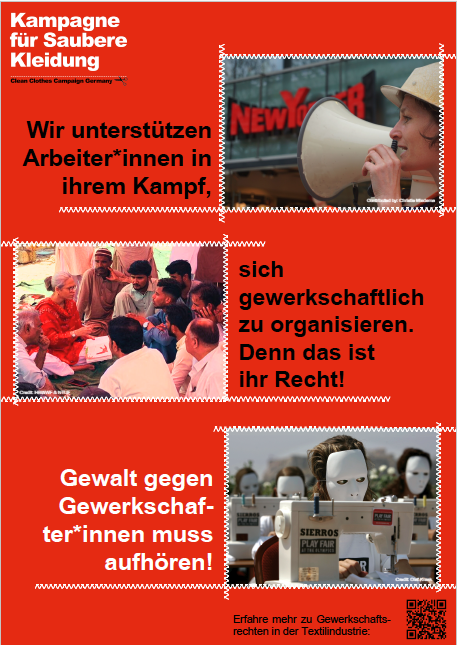Plakate: Die Schattenseiten der Modeindustrie 5 Plakat Gewerkschaften rot Plakate: Die Schattenseiten der Modeindustrie Kampagne für Saubere Kleidung | Clean Clothes Campaign Germany