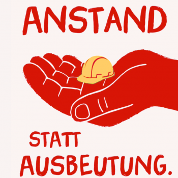 Eine rote Hand hält einen kleinen gelben Schutzhelm