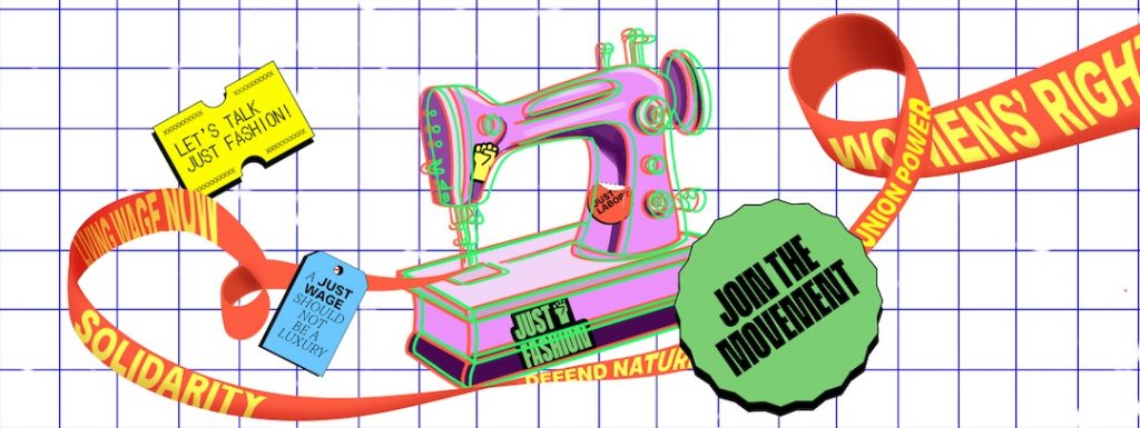 Grafik mit einer rosafarbenen Nähmaschine und Stickern.