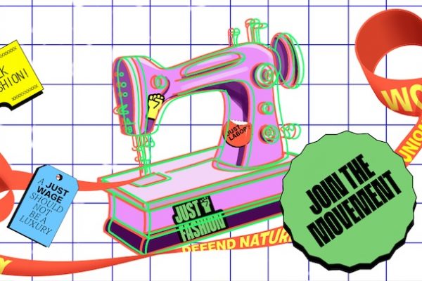 Grafik mit einer rosafarbenen Nähmaschine und Stickern.