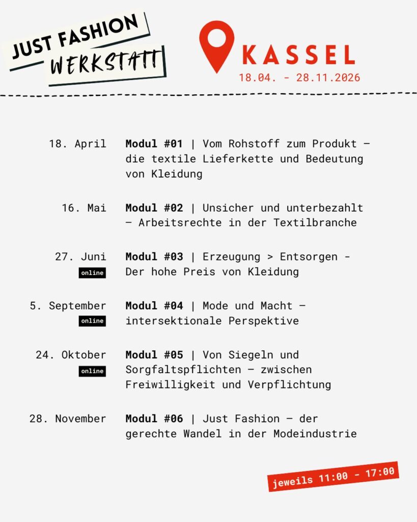 Just Fashion Werkstatt Kassel Just Fashion Werkstatt | Qualifizierungsreihe zu Menschenrechten und Machtverhältnissen in der Modeindustrie Kampagne für Saubere Kleidung | Clean Clothes Campaign Germany