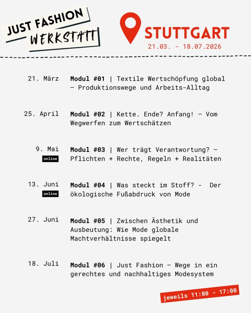 Just Fashion Werkstatt Stuttgart Just Fashion Werkstatt | Qualifizierungsreihe zu Menschenrechten und Machtverhältnissen in der Modeindustrie Kampagne für Saubere Kleidung | Clean Clothes Campaign Germany