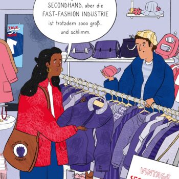 Gezeichnetes Bild einer Frau in einem Kleiderladen.