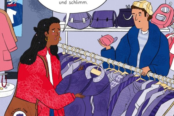 Gezeichnetes Bild einer Frau in einem Kleiderladen.