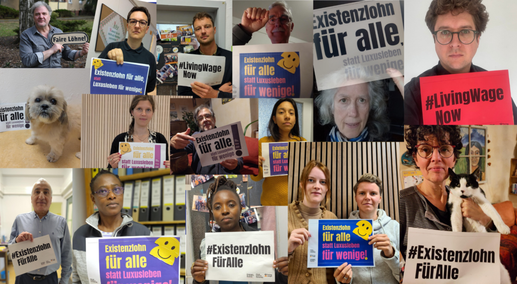 Eine Collage mit Fotos von Personen, die Plakate in die Kamera halten.